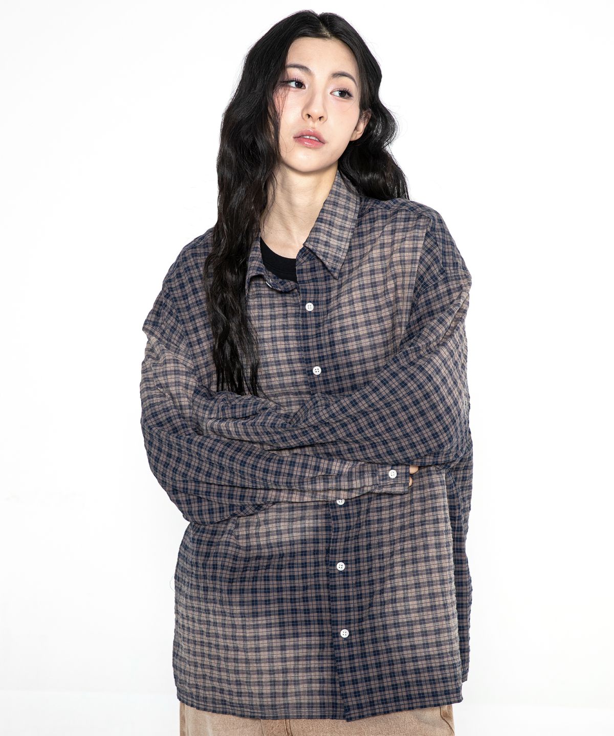 엑스톤즈(XTONZ) XTS029 하브 워싱 빈티지 체크 셔츠 (NAVY)