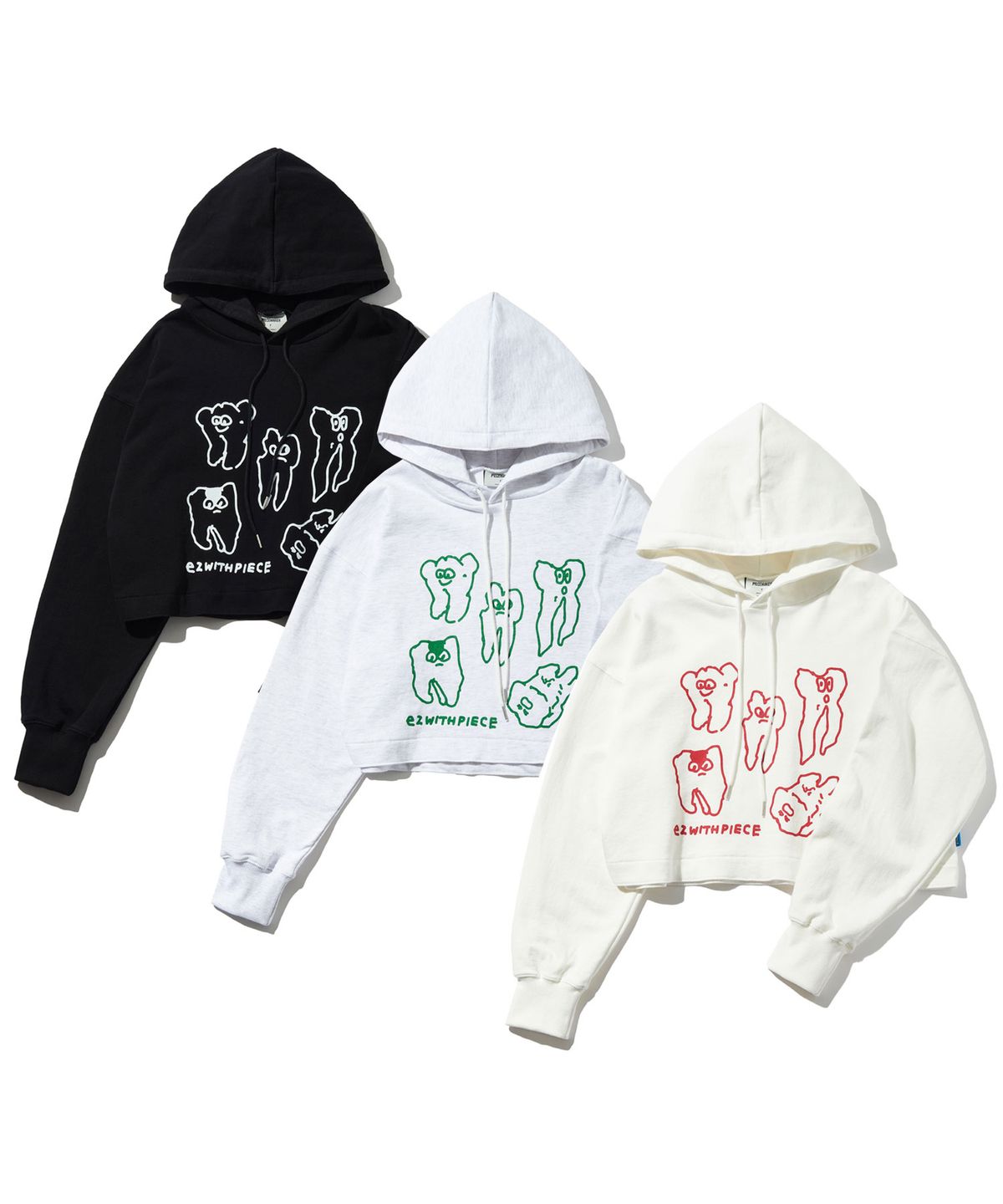 피스메이커(PIECE MAKER) TEETH SWEAT CROP HOODIE (WHITE MELANGE)