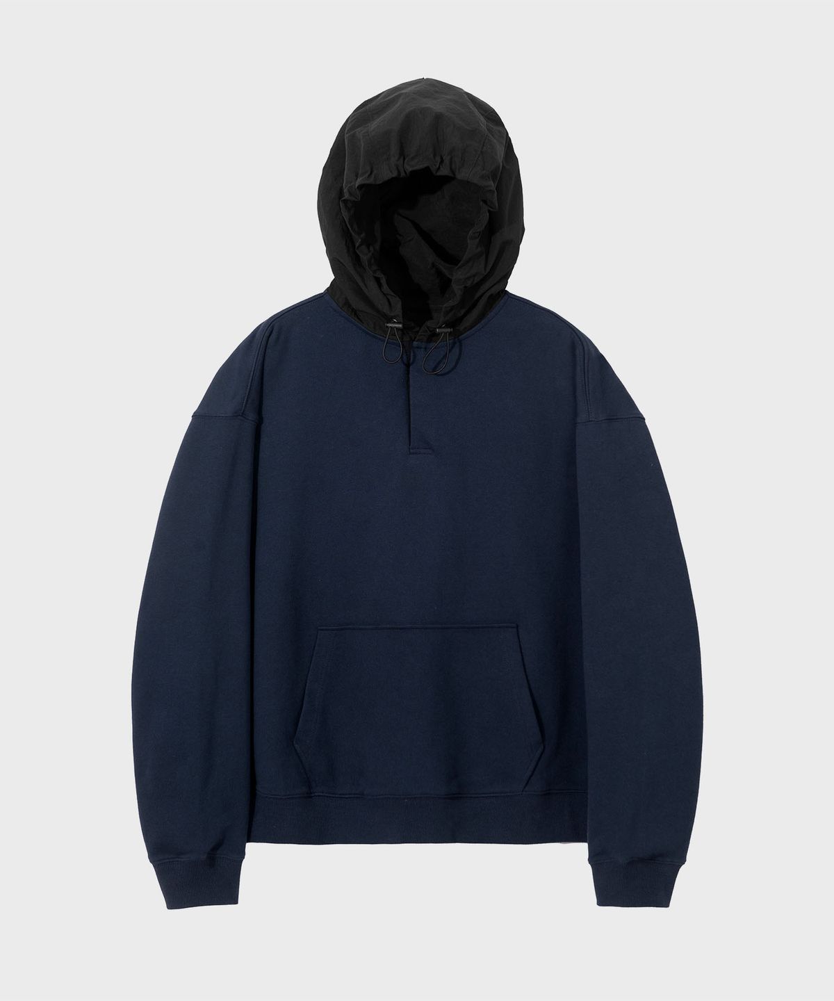 세컨모놀로그(SECONDMONO) 나일론 투톤 믹스 히든 스냅 후디 [NAVY]_SETS033NAVY