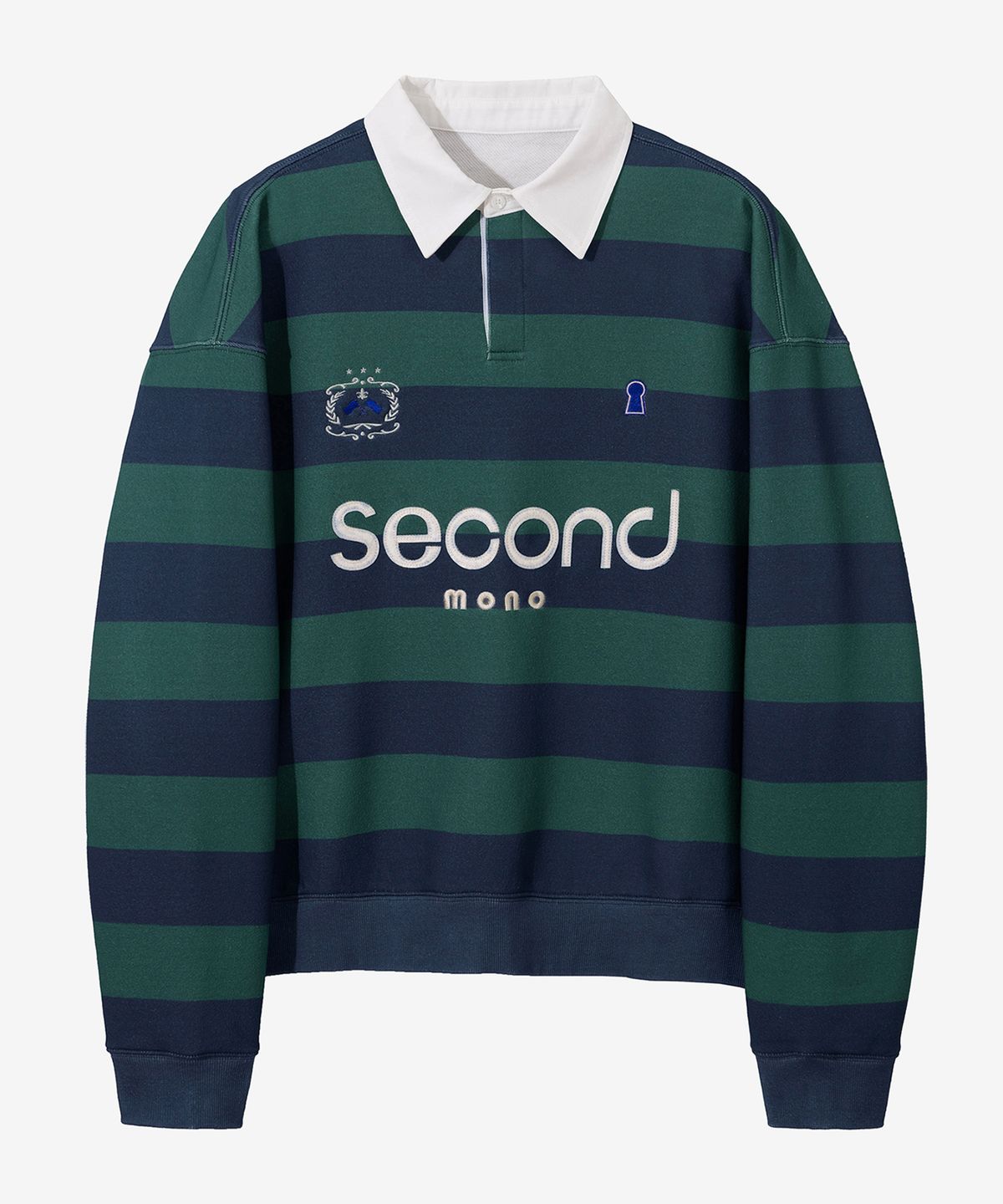 세컨모놀로그(SECONDMONO) 클럽 로고 스트라이프 폴로 스웻셔츠 [NAVY]_SETS020NAVY