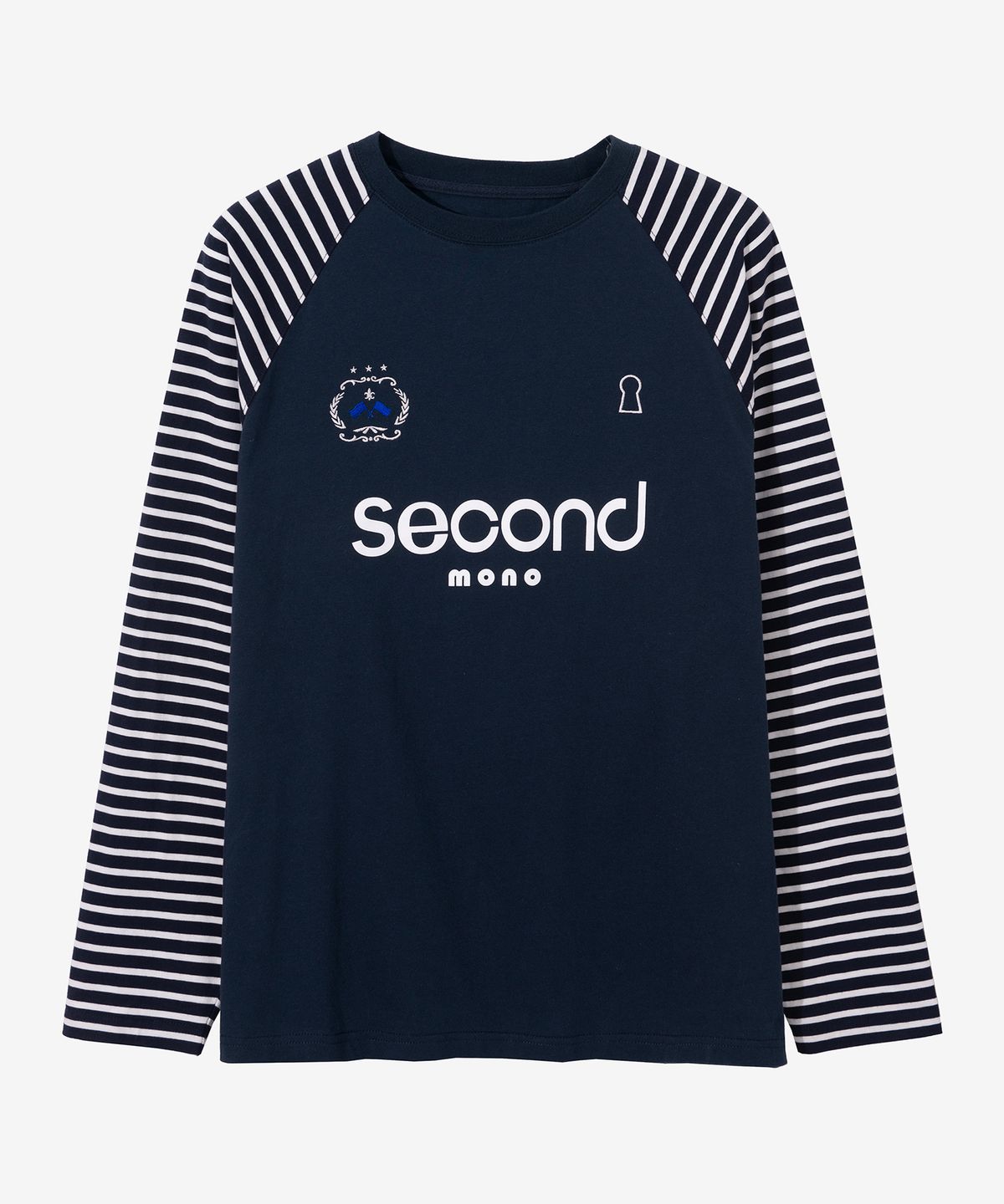 세컨모놀로그(SECONDMONO) 클럽 로고 스트라이프 래글런 티셔츠 [NAVY]_SETS031NAVY