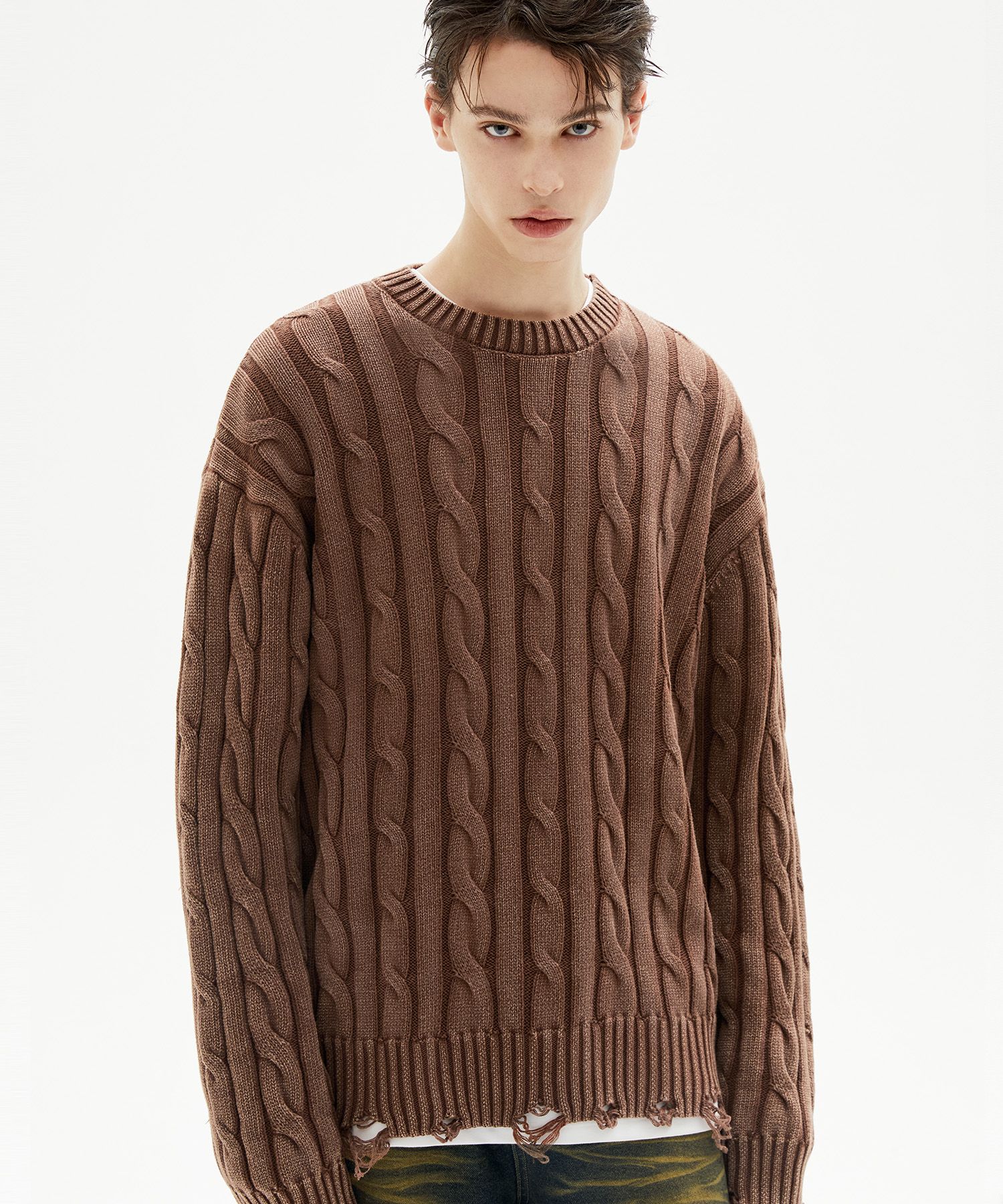 ★TRILLION★ Vintage washed damaged cable knit BROWN TRSKN21 MUSINSA | TRILLION Vintage washed damaged cable knit (BROWN)