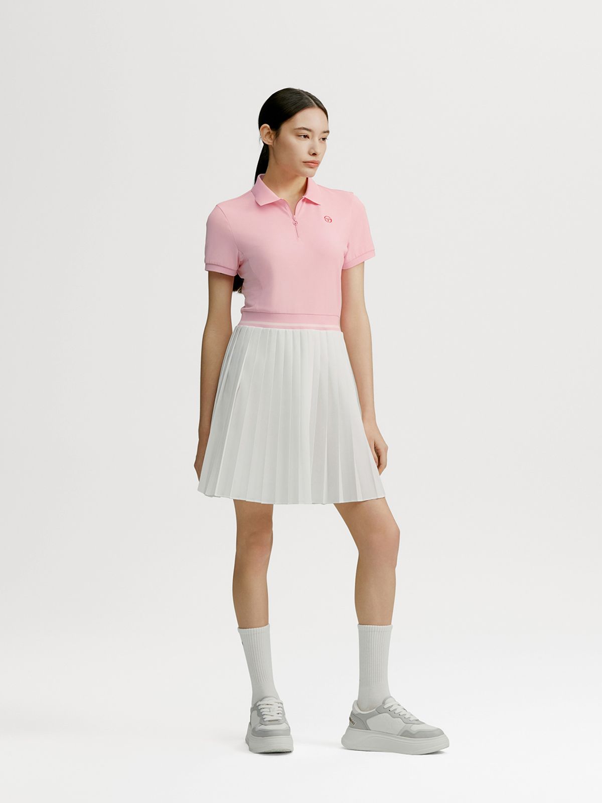 세르지오 타키니(SERGIO TACCHINI) W 고트 저지 믹스 플리츠 카라넥 반팔 드레스 (L.Pink)