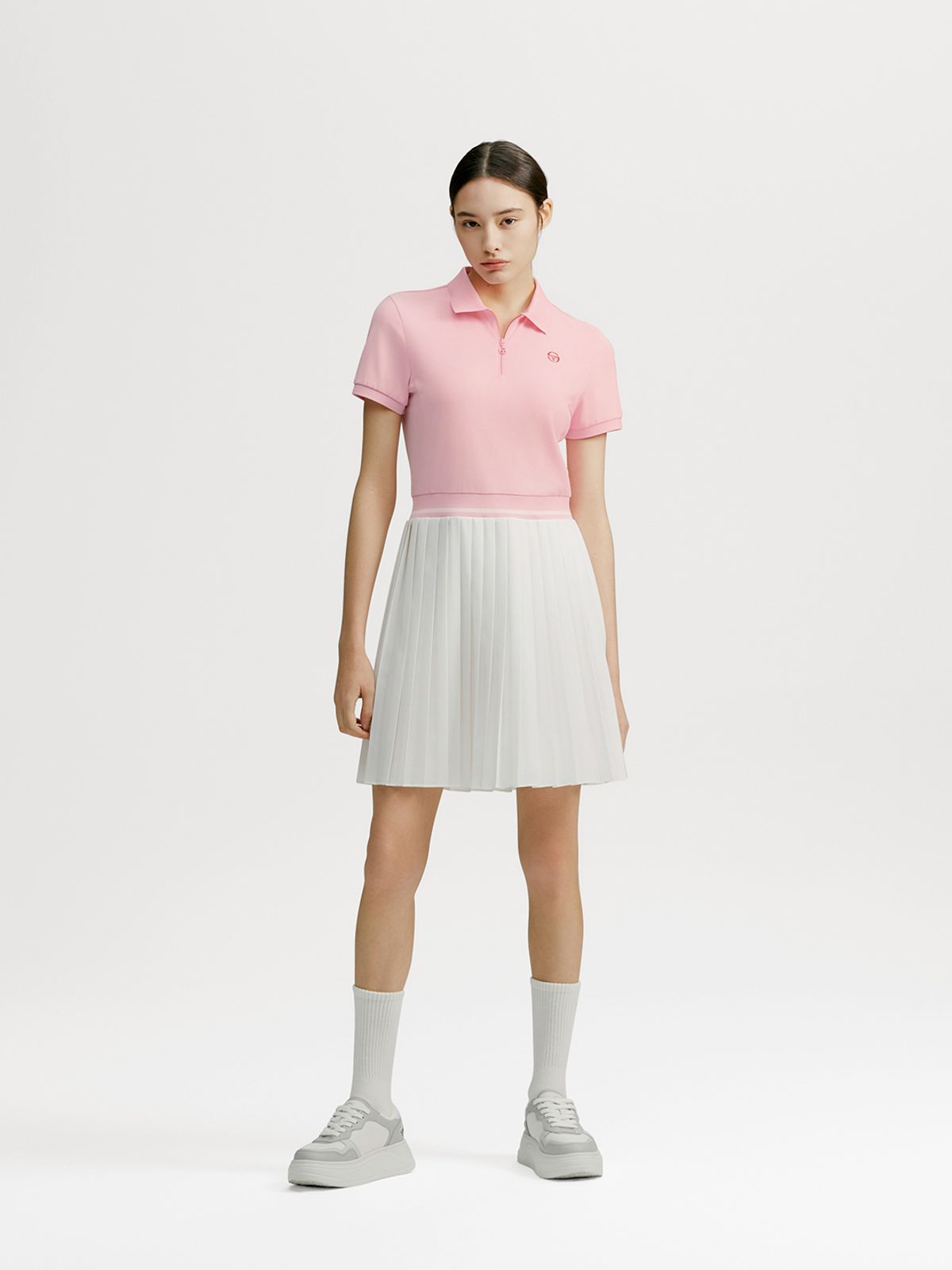 세르지오 타키니(SERGIO TACCHINI) W 고트 저지 믹스 플리츠 카라넥 반팔 드레스 (L.Pink)