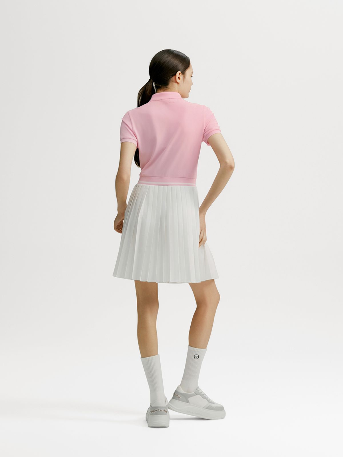 세르지오 타키니(SERGIO TACCHINI) W 고트 저지 믹스 플리츠 카라넥 반팔 드레스 (L.Pink)