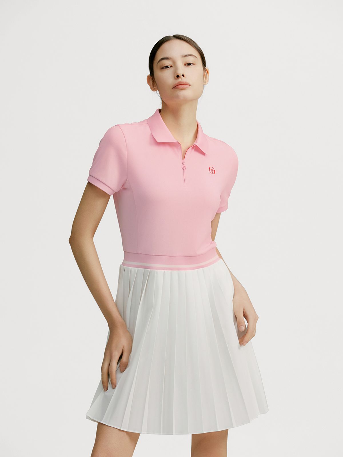 세르지오 타키니(SERGIO TACCHINI) W 고트 저지 믹스 플리츠 카라넥 반팔 드레스 (L.Pink)