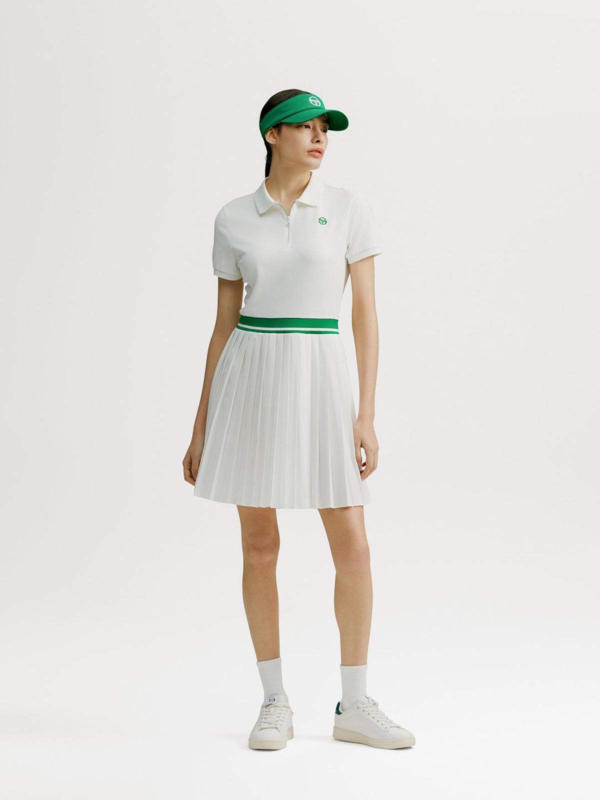 세르지오 타키니(SERGIO TACCHINI) W 고트 저지 믹스 플리츠 카라넥 반팔 드레스 (White)