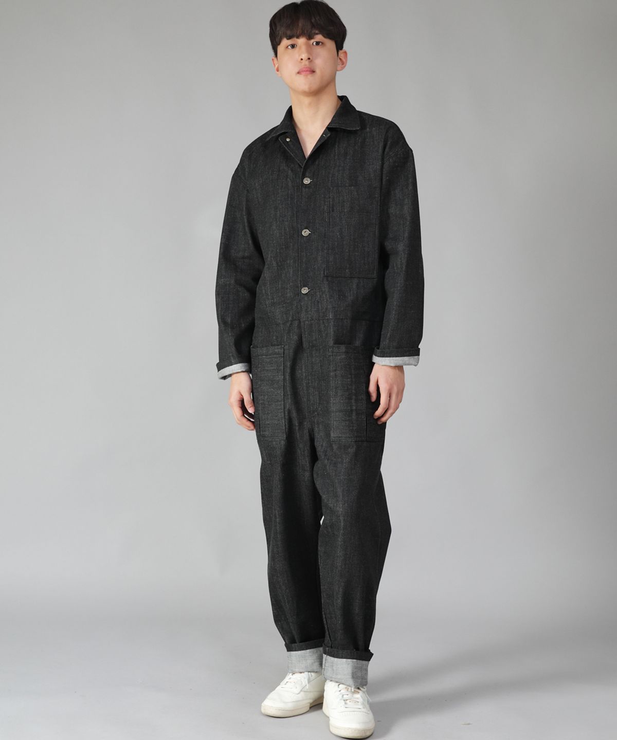 세인트크루(SAINTCREW) 오버라운드 테이퍼드 카고 점프슈트 OT-502C 블랙 데님 BKS