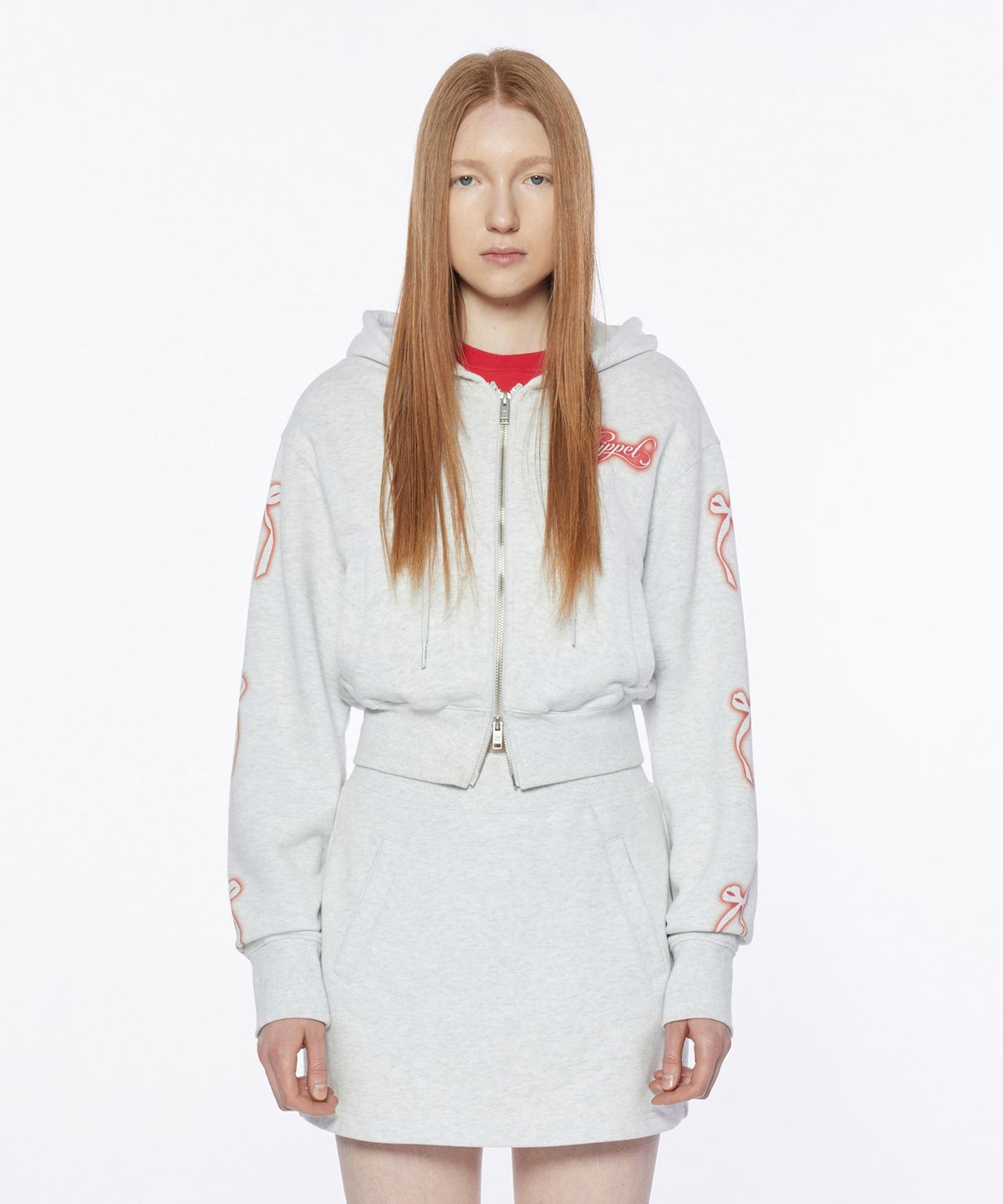 핍펫(PIPPET) Vintage Ribbon Crop Hoodie Zip-up (melange grey)