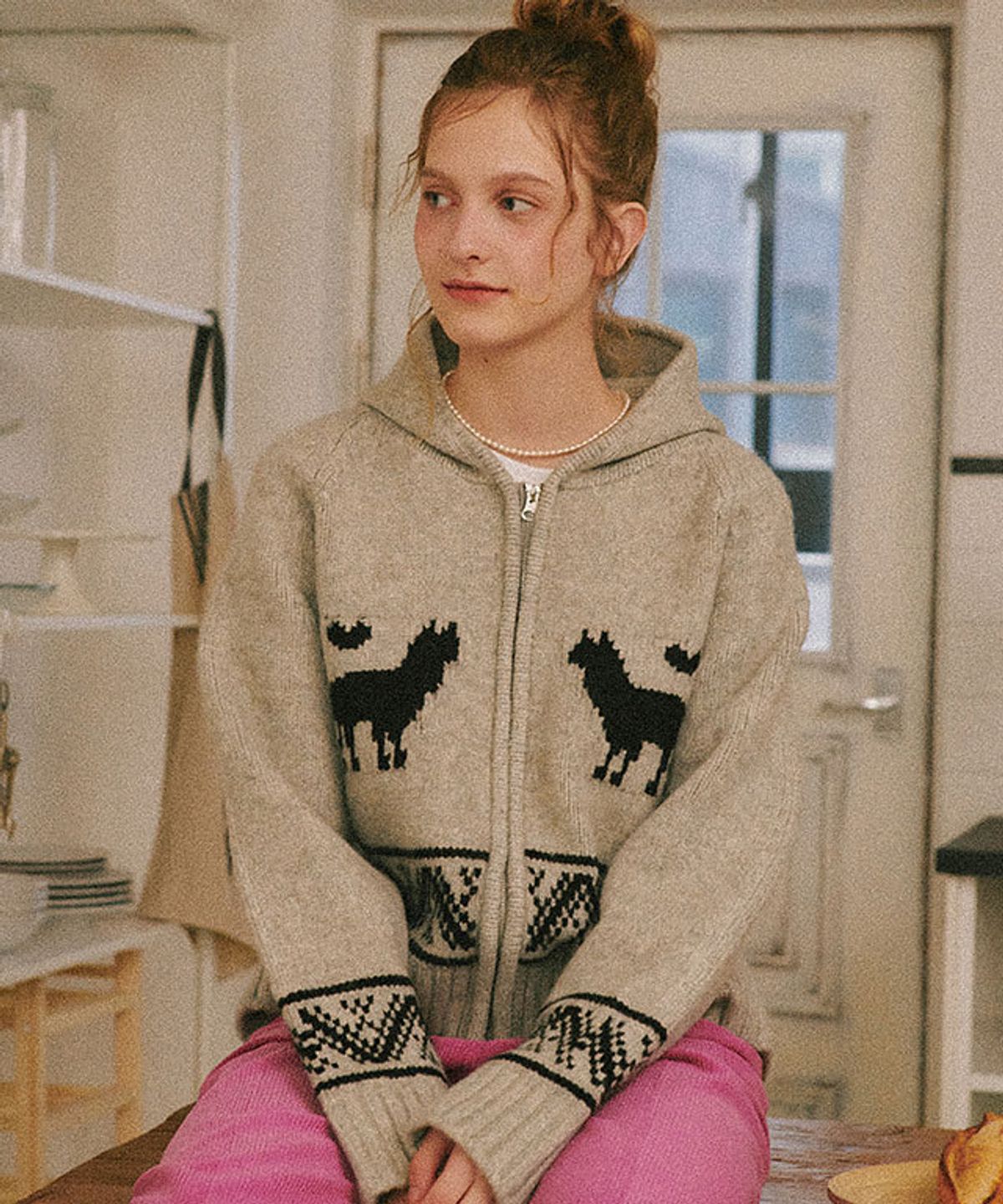 론론(RONRON) ALPACA JACQUARD HOOD ZIP-UP KNIT (2color)