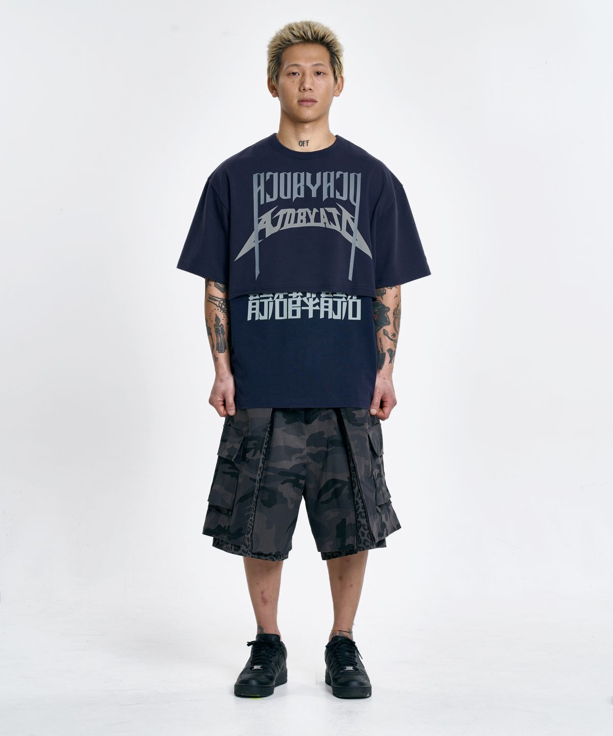 아조바이아조(AJOBYAJO) [PBA] Arch Logo Washed Layered T-Shirt [NAVY]
