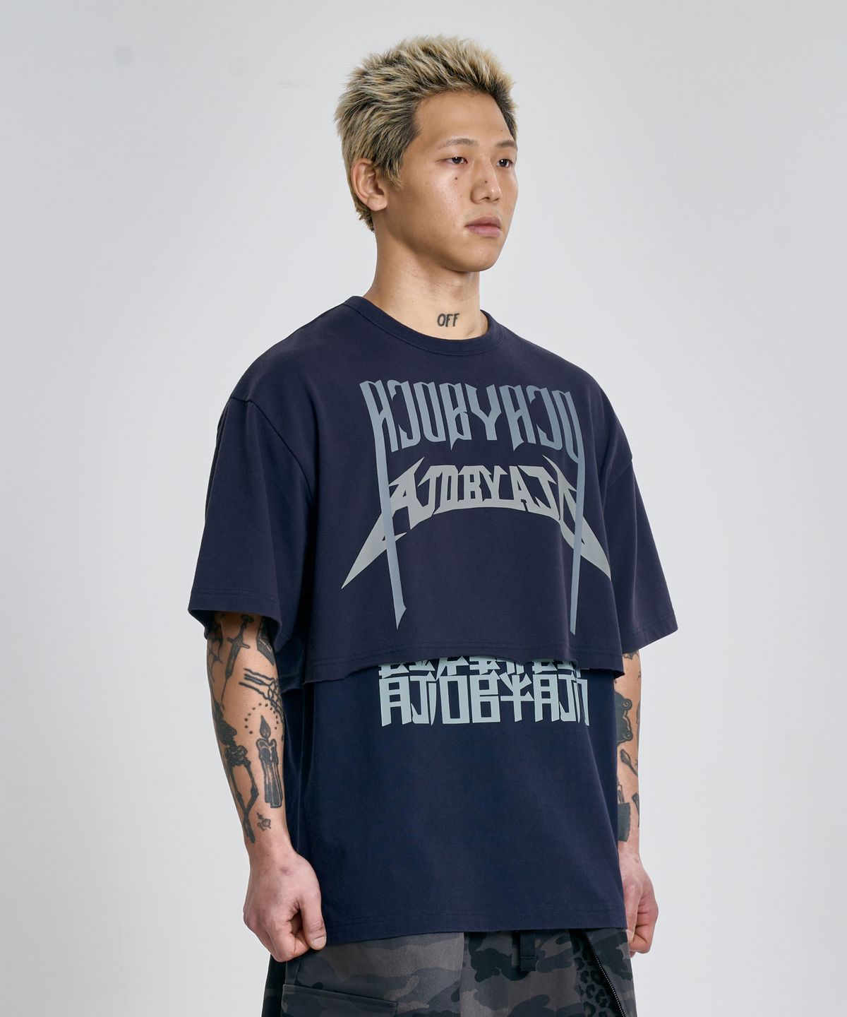 아조바이아조(AJOBYAJO) [PBA] Arch Logo Washed Layered T-Shirt [NAVY]