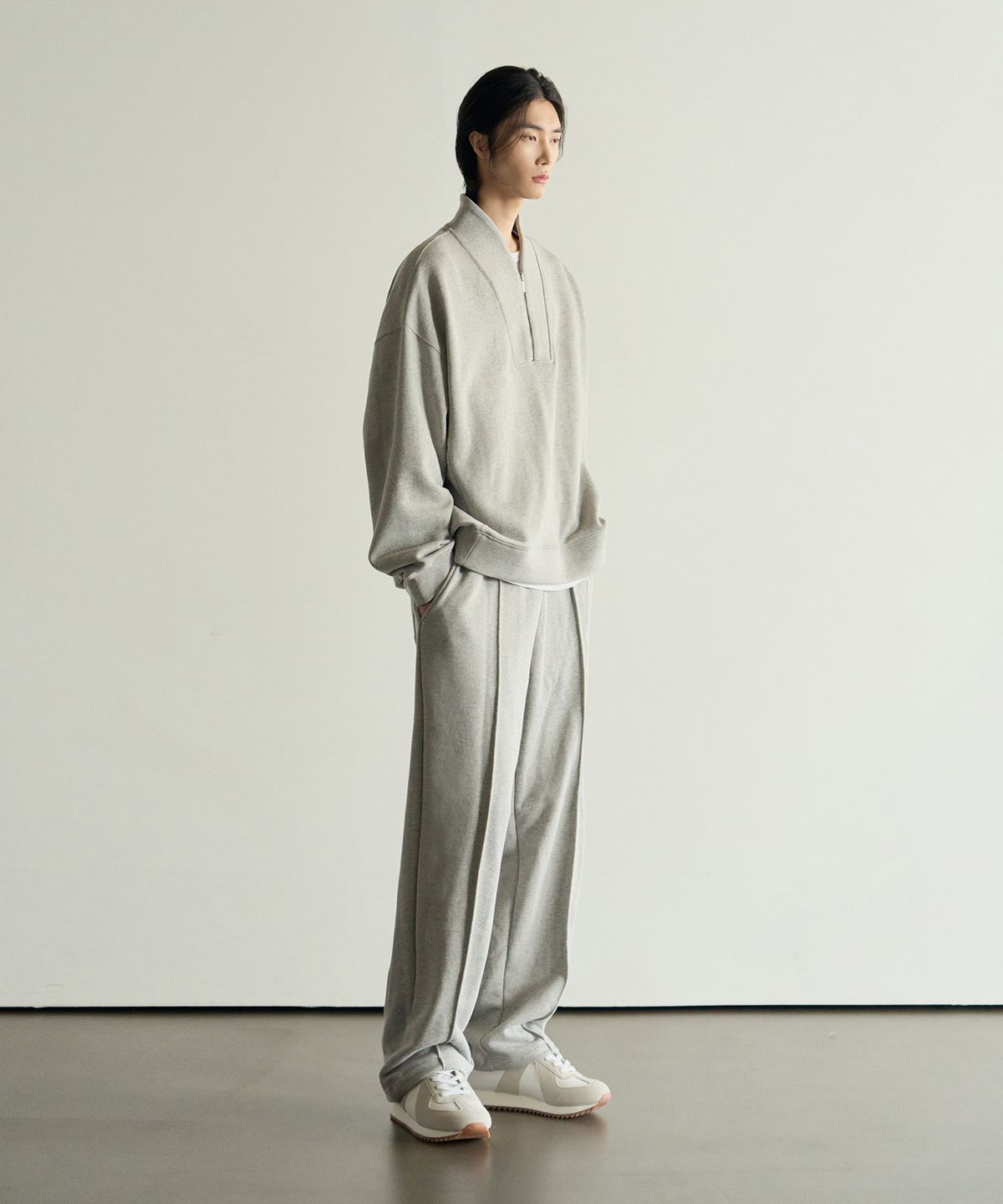 로템버(ROTEMBER) 라운지 하프 집업 숄 카라 스웨트 셔츠 [GREY]