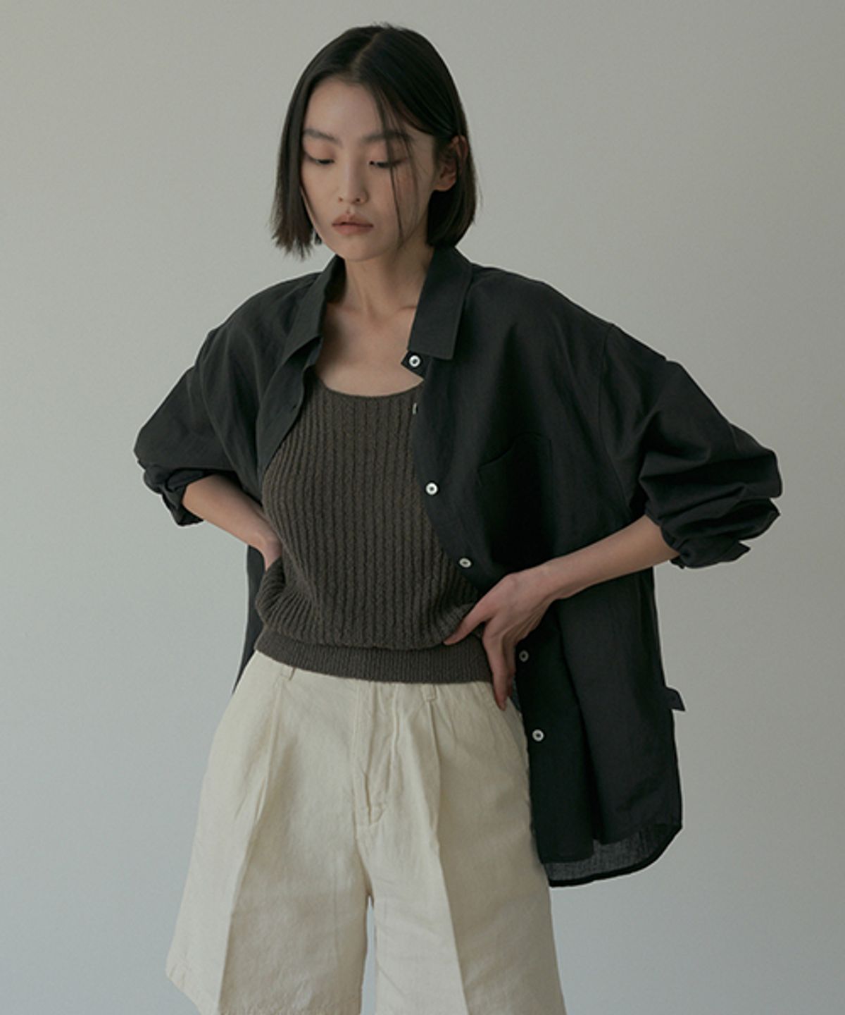 링서울(LINGSEOUL) linen bamboo blended wrap shirt-charcoal