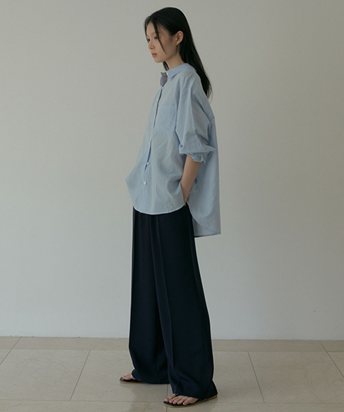 링서울(LINGSEOUL) linen bamboo blended wrap shirt-sky blue