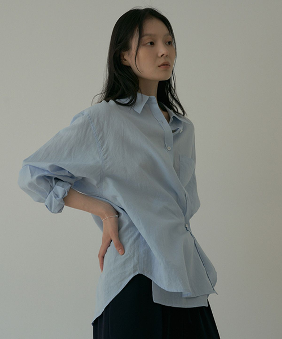 링서울(LINGSEOUL) linen bamboo blended wrap shirt-sky blue