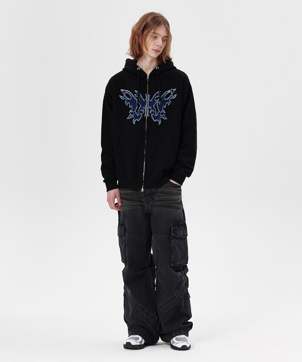 【mahagrid】24SS★ BUTTERFLY APPLIQUE HOOD ZIP-UP MUSINSA | MAHAGRID BUTTERFLY APPLIQUE HOOD ZIP-UP BLACK