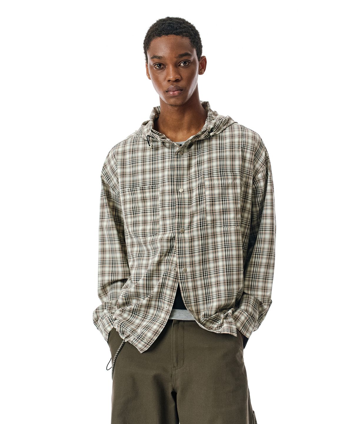 세컨모놀로그(SECONDMONO) Check Snap Hooded Jacket [BEIGE]_SEJK011BEIGE