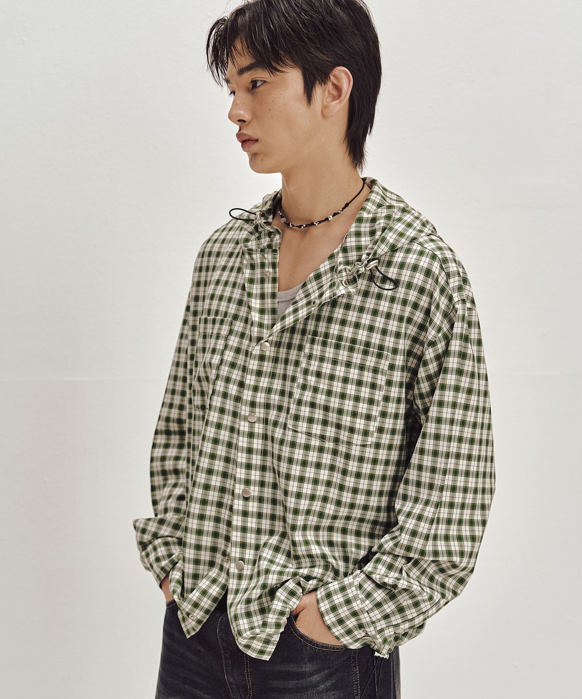 세컨모놀로그(SECONDMONO) 스냅 체크 후드 셔츠 자켓 [GREEN]_SEJK011GREEN