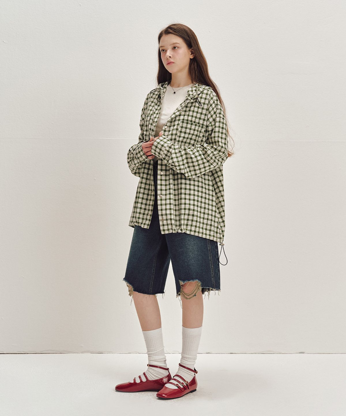 세컨모놀로그(SECONDMONO) 스냅 체크 후드 셔츠 자켓 [GREEN]_SEJK011GREEN