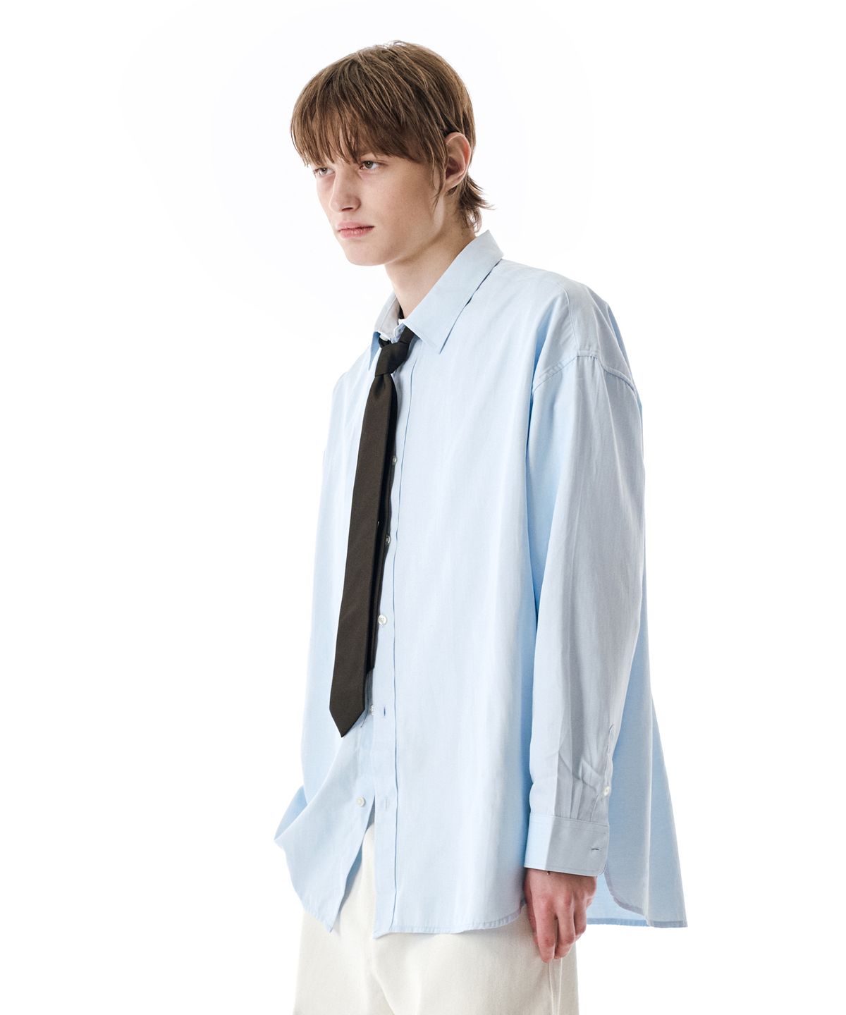 세컨모놀로그(SECONDMONO) (TIE SET)Side Slit Oversized Cotton Shirt [SKYBLUE]_SESH008SKYBLUE