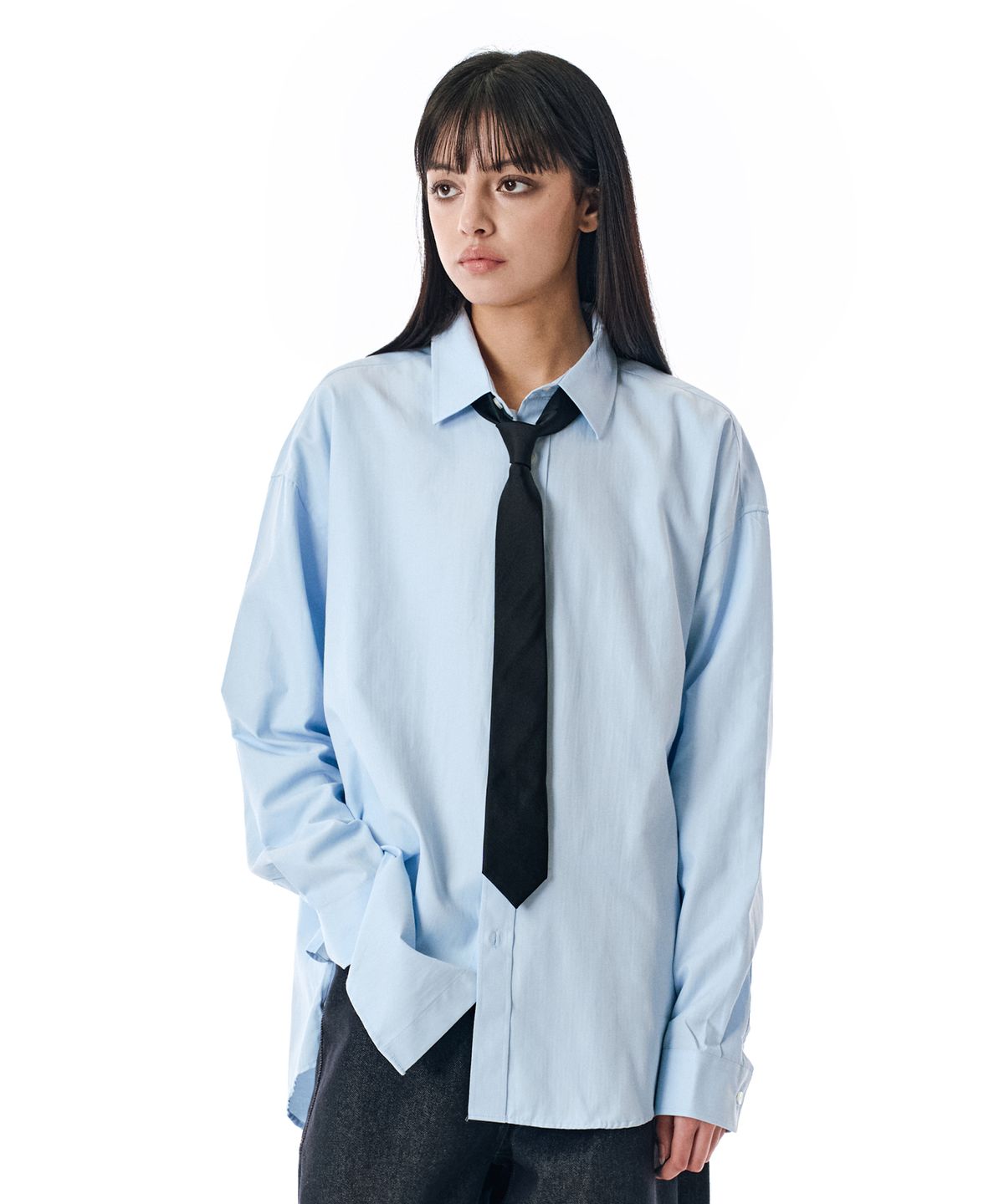 세컨모놀로그(SECONDMONO) (TIE SET)Side Slit Oversized Cotton Shirt [SKYBLUE]_SESH008SKYBLUE