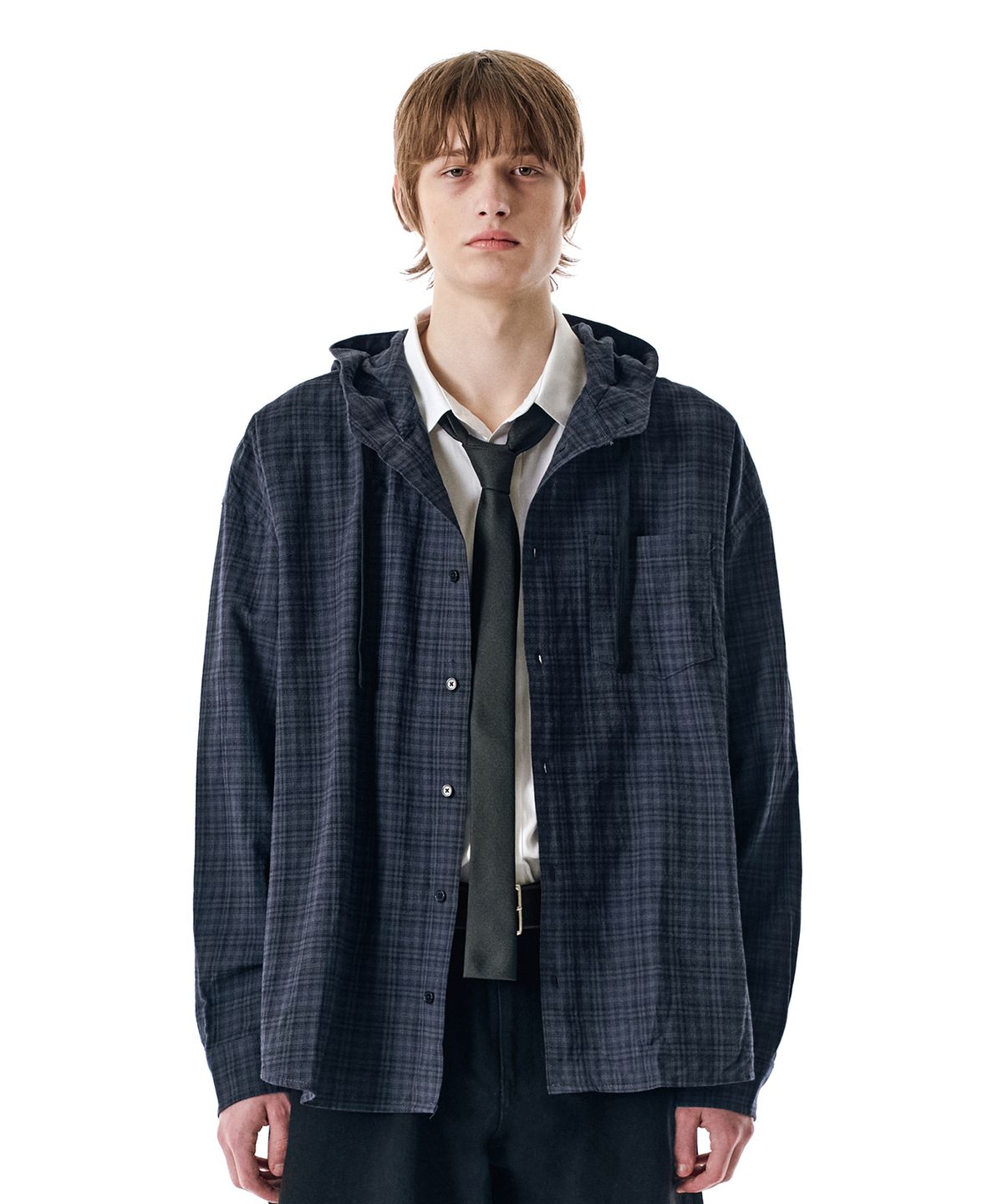 세컨모놀로그(SECONDMONO) Check Hooded Shirt [NAVY]_SESH012NAVY