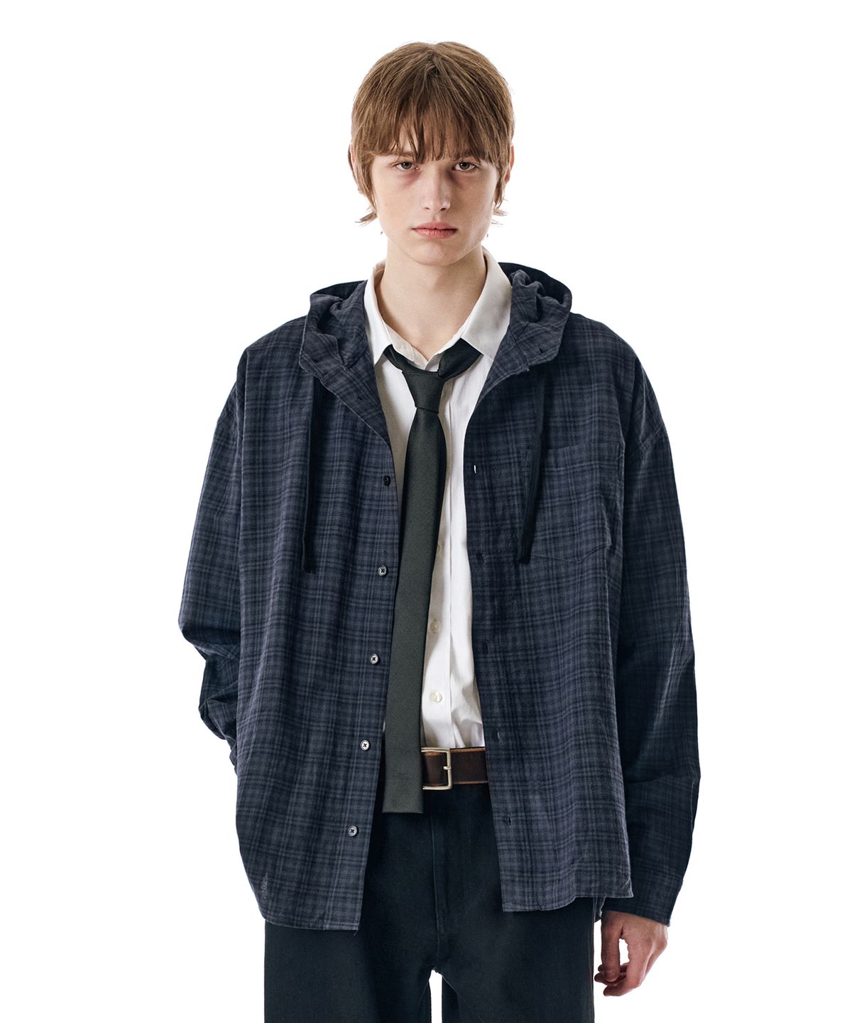 세컨모놀로그(SECONDMONO) Check Hooded Shirt [NAVY]_SESH012NAVY
