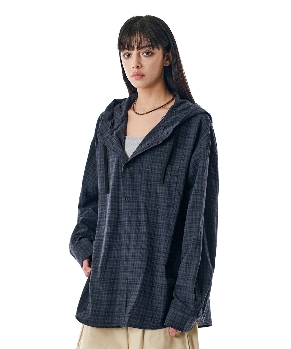 세컨모놀로그(SECONDMONO) Check Hooded Shirt [NAVY]_SESH012NAVY