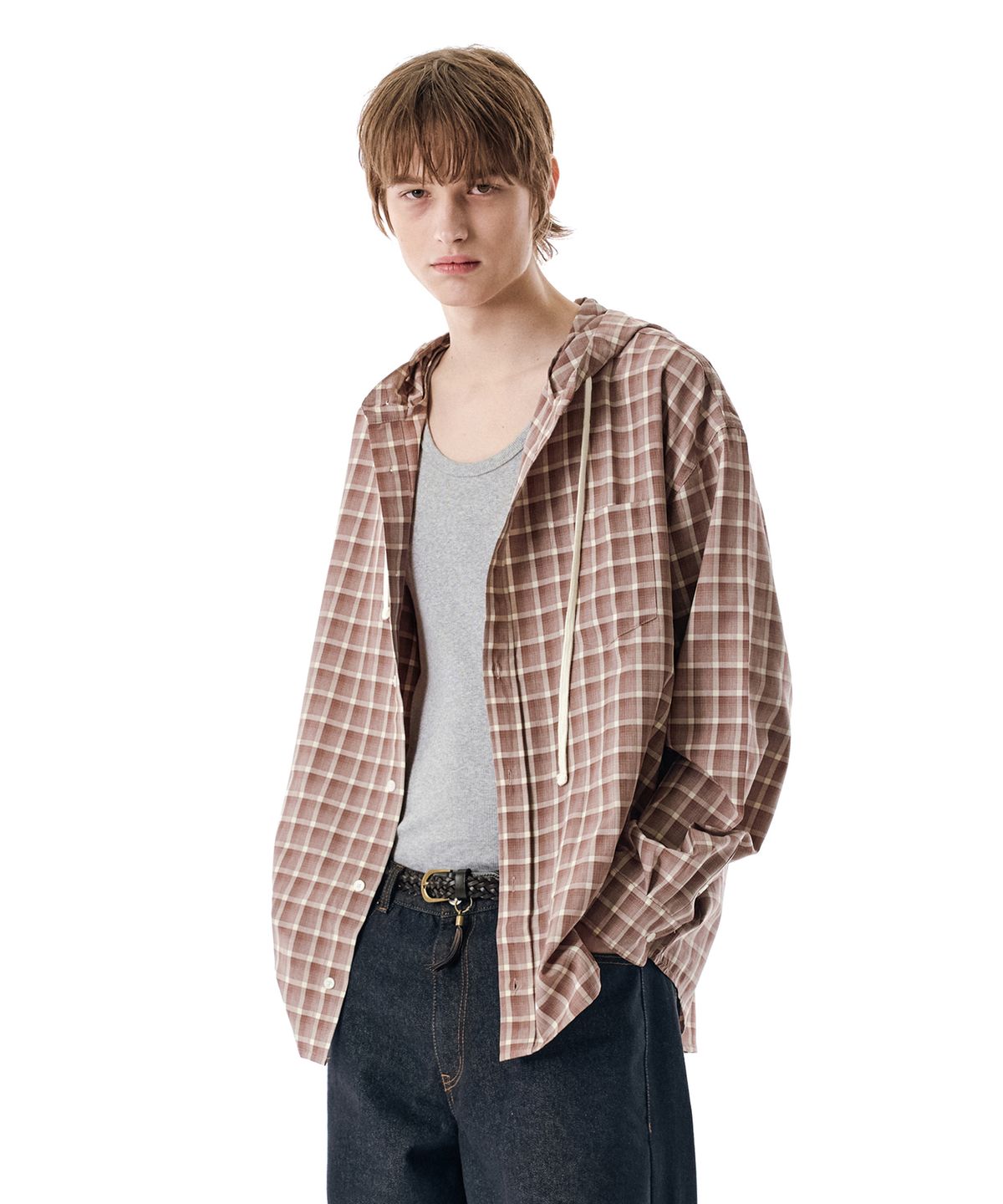 세컨모놀로그(SECONDMONO) Check Hooded Shirt [BRICKRED]_SESH012BRICKRED