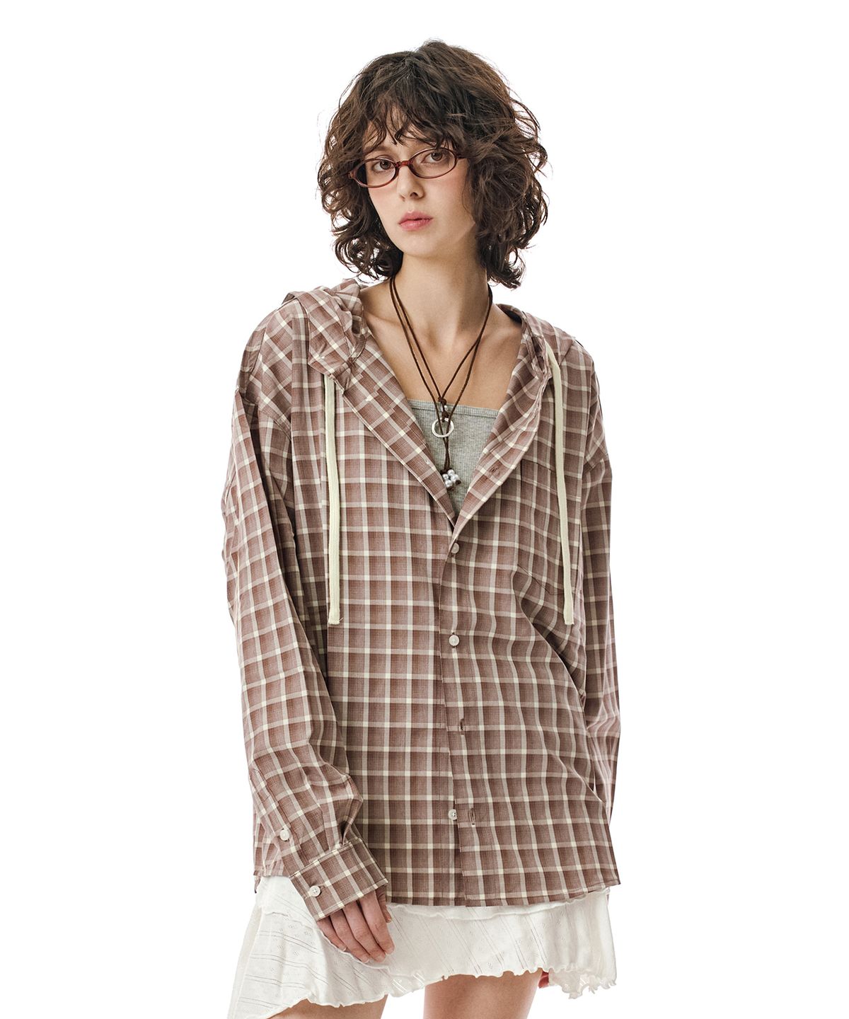 세컨모놀로그(SECONDMONO) Check Hooded Shirt [BRICKRED]_SESH012BRICKRED