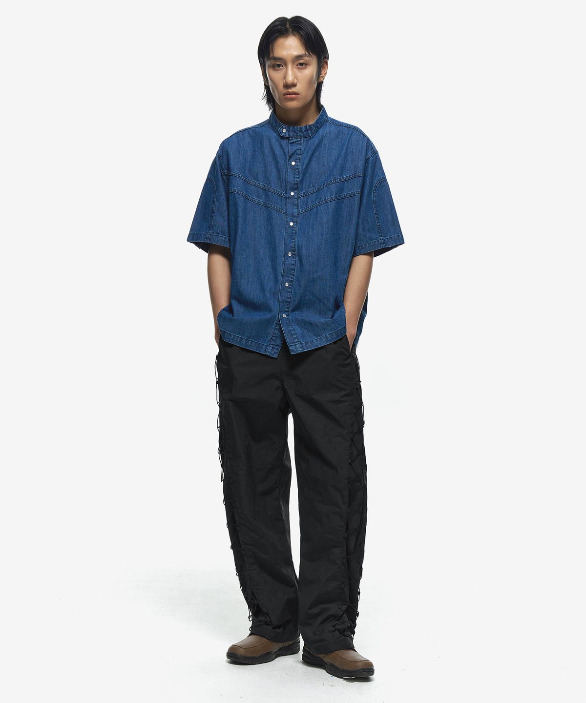 세컨모놀로그(SECONDMONO) 나일론 커브드 패널 사이드 스트링 팬츠 [BLACK]_SEPT035BLACK