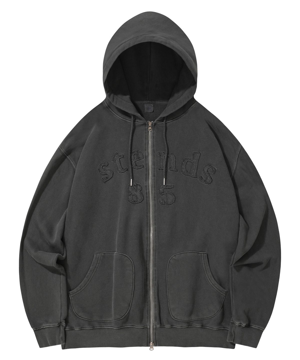 스탠즈(STENDS) [M~4XL] 피그먼트 아치 로고 후드 집업_차콜