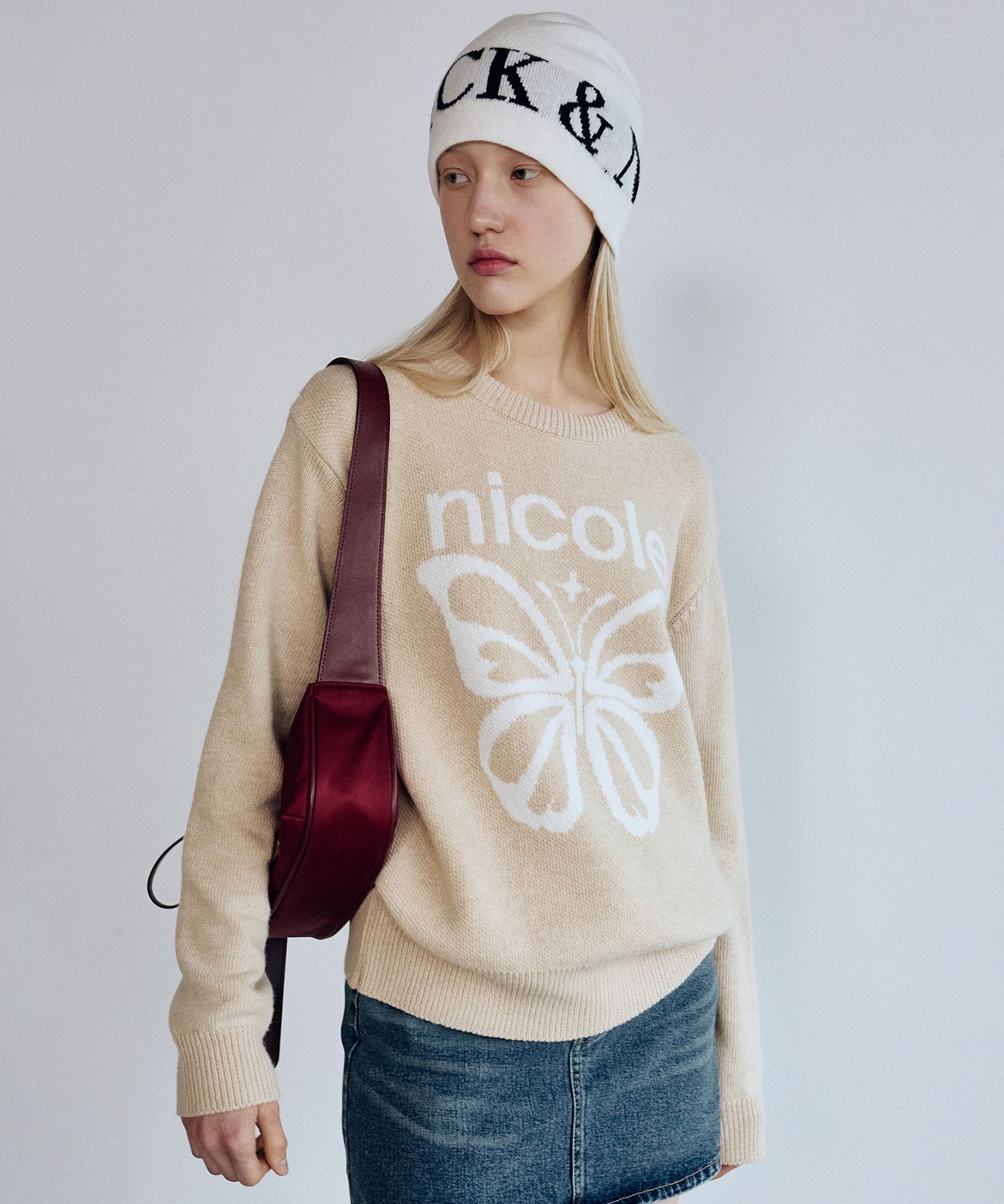MUSINSA | NICK&NICOLE CASHMERE LETTERING JAQUARD BEANIE_IVORY