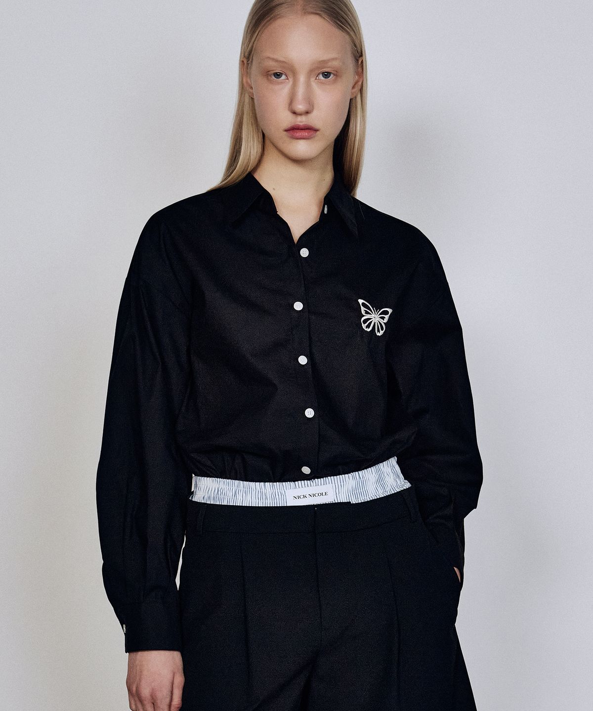 닉앤니콜(NICK&NICOLE) OVERFIT PAPER COTTON BUTTERFLY SHIRT_BLACK