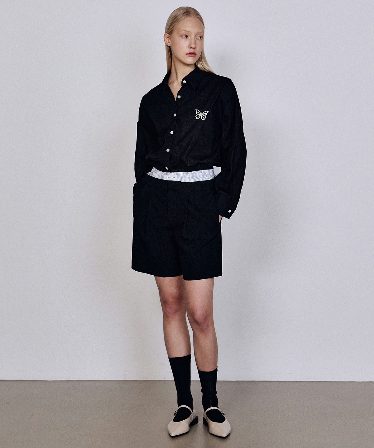 닉앤니콜(NICK&NICOLE) OVERFIT PAPER COTTON BUTTERFLY SHIRT_BLACK