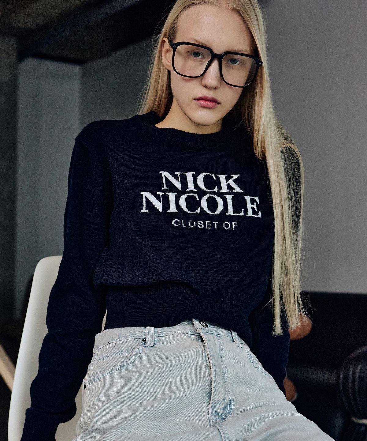 닉앤니콜(NICK&NICOLE) CASHMERE NICOLE LOGO CROP JACQUARD KNIT_NAVY