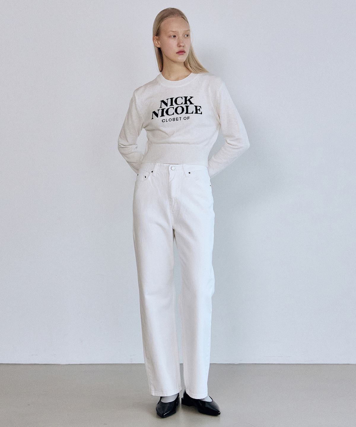 닉앤니콜(NICK&NICOLE) CASHMERE NICOLE LOGO CROP JACQUARD KNIT_IVORY
