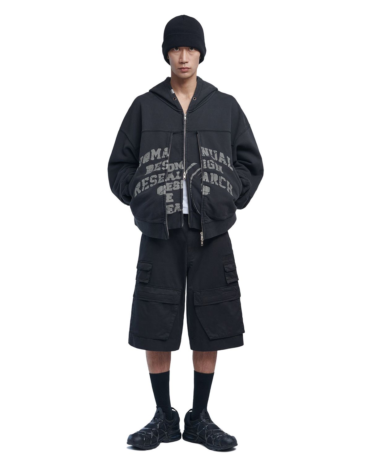 노매뉴얼(NOMANUAL) OVERDYED D.F.L HOODED ZIP-UP - WASHED BLACK