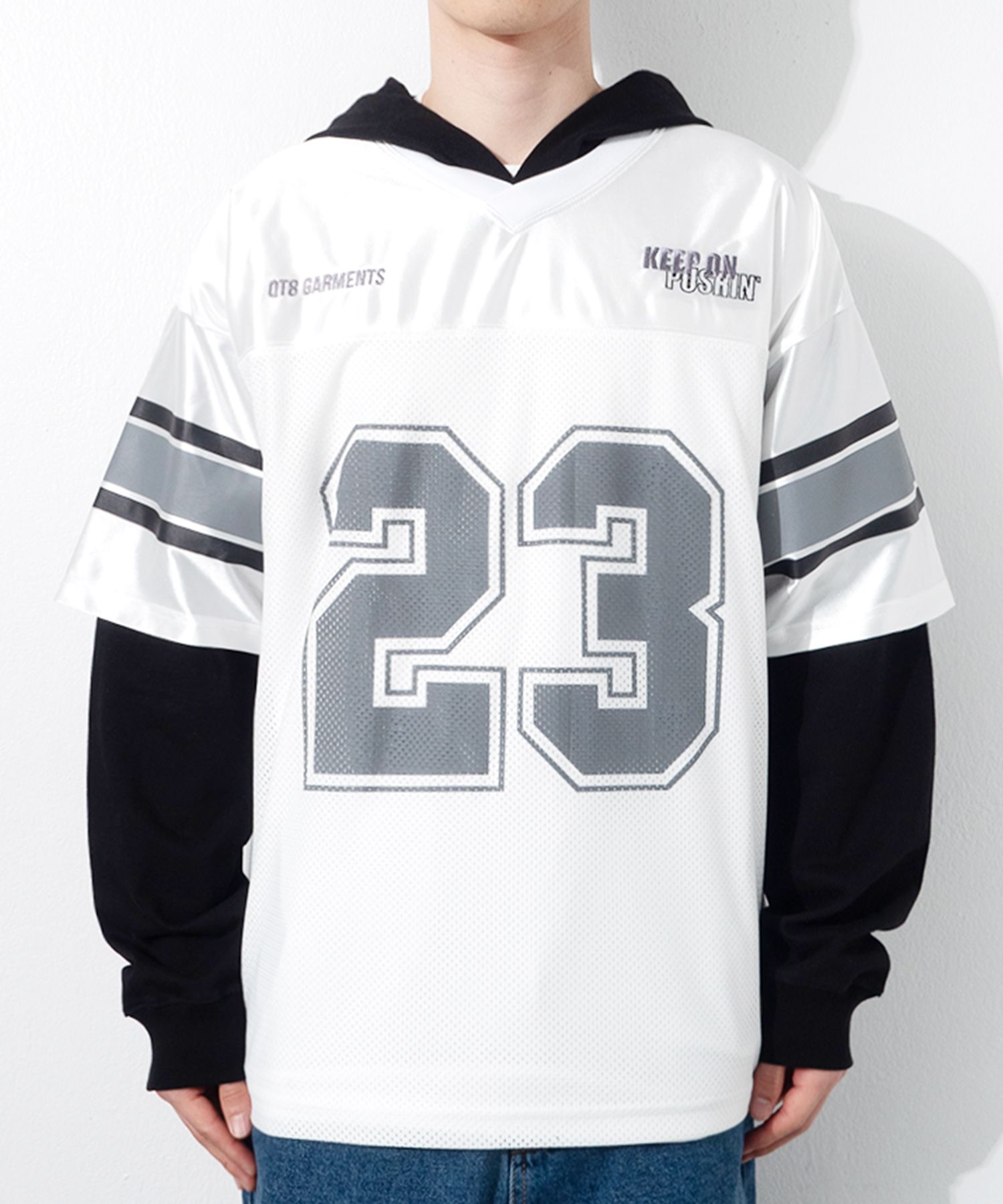 MUSINSA | QT8 GARMENTS BN Football Layered Hoodie Jersey (Ivory)