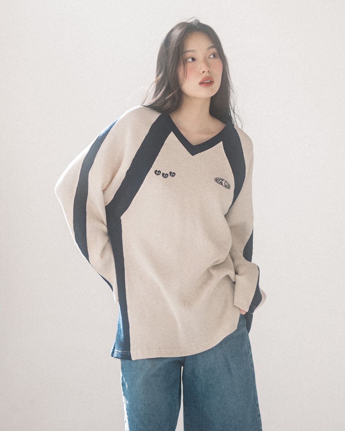 해비즘(HAVISM) WAFFLE V-NECK RAGLAN L/S TEE(OATMEAL)