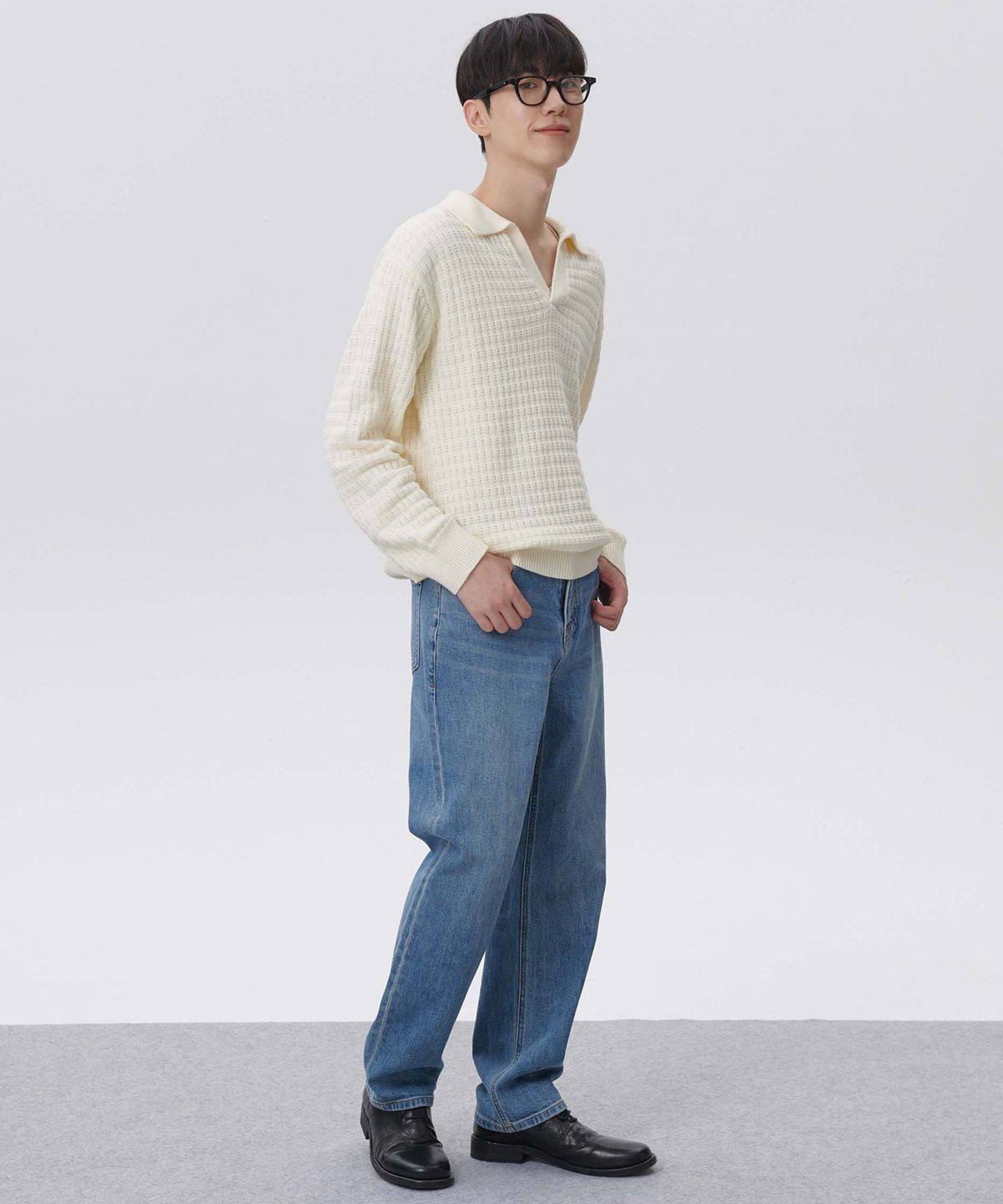 플랙(PLAC) 와플 롱슬리브 카라 니트 아이보리