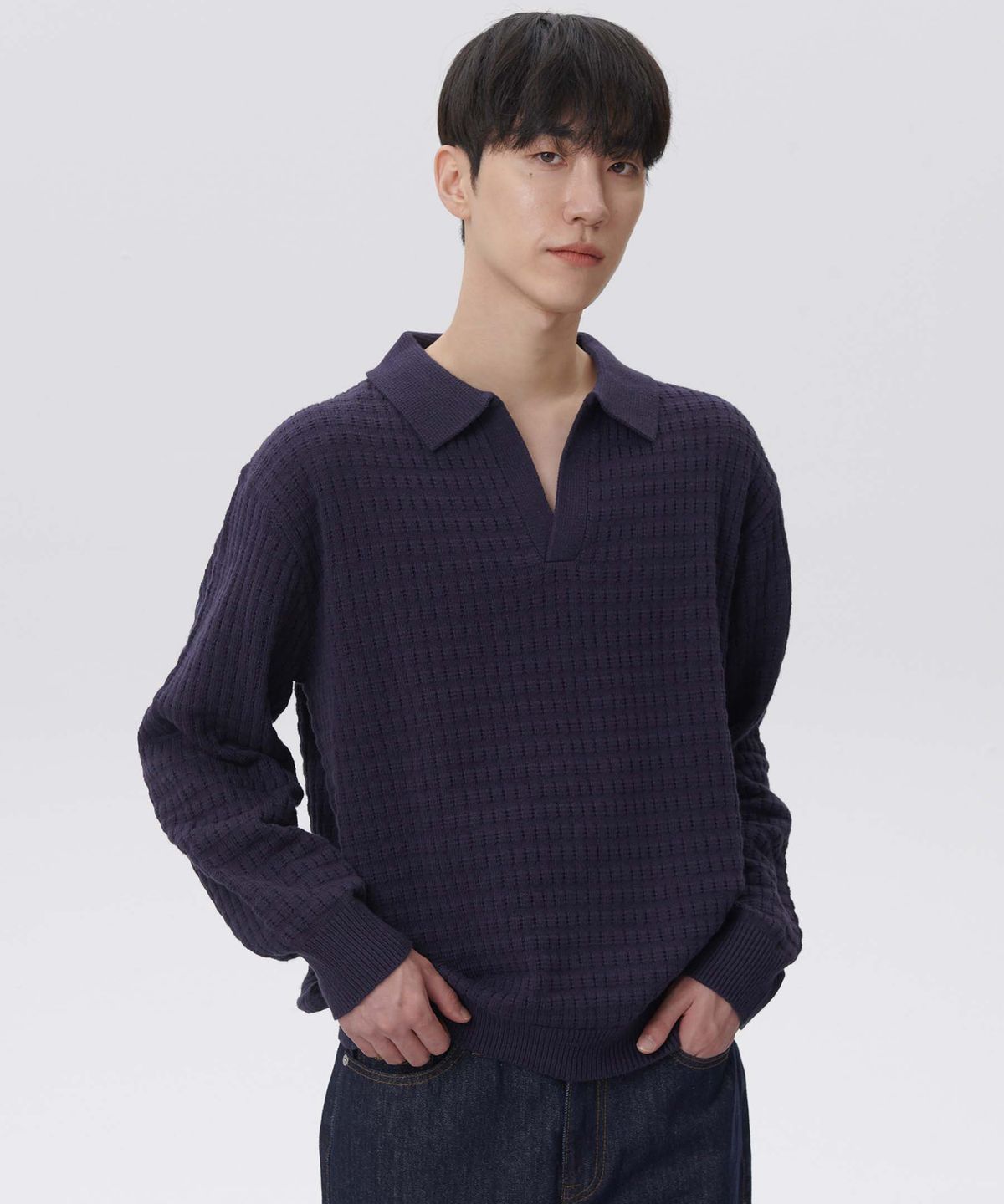 플랙(PLAC) 와플 롱슬리브 카라 니트 네이비