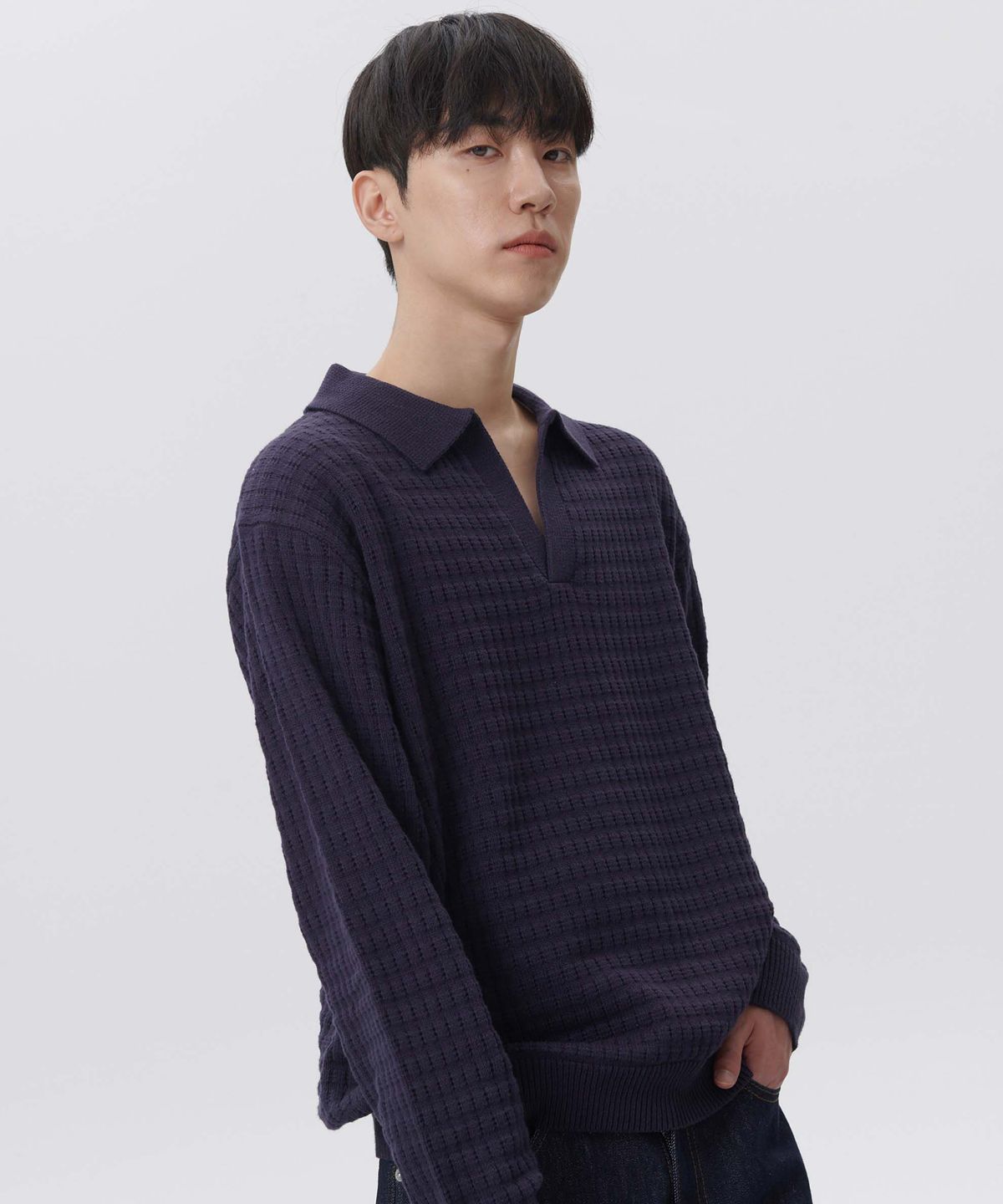 플랙(PLAC) 와플 롱슬리브 카라 니트 네이비