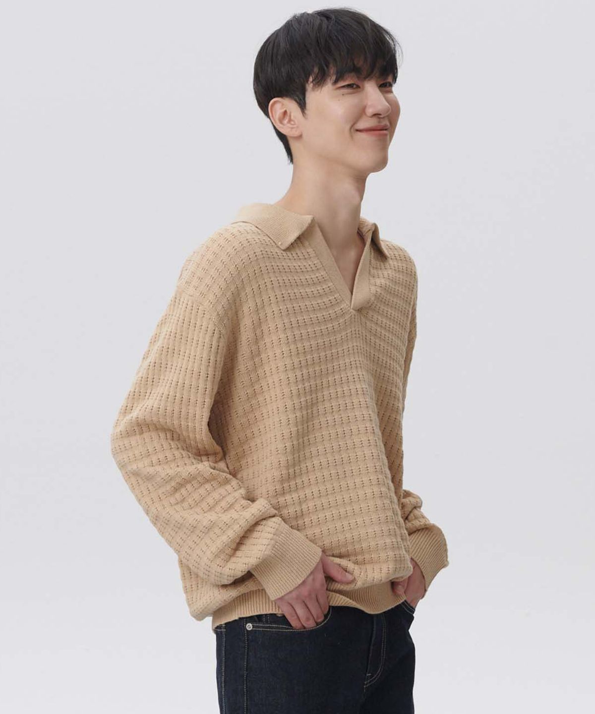 플랙(PLAC) 와플 롱슬리브 카라 니트 베이지