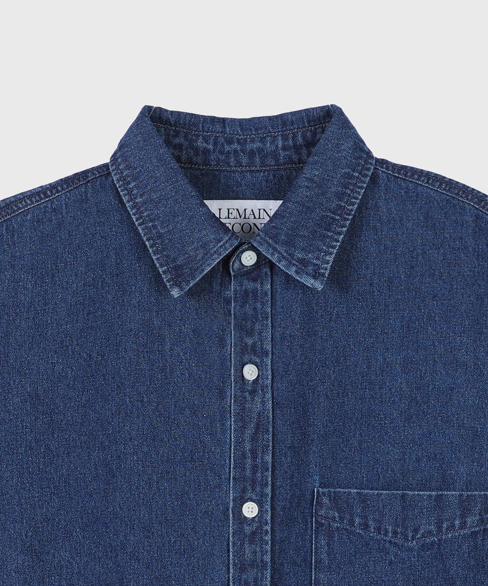 【DISCERNMENT】Moa Linen Denim Half Shirt Grandad Collar Half Placket Denim Shirt | Indigo | TOAST