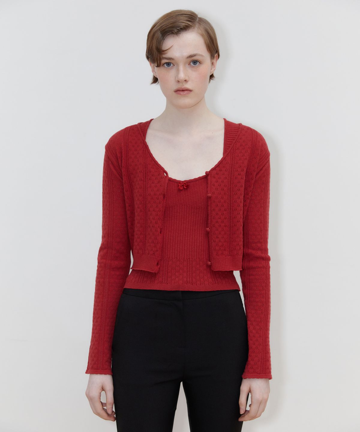 시눈(SINOON) SCALLOP PUNCHING CARDIGAN (RED)