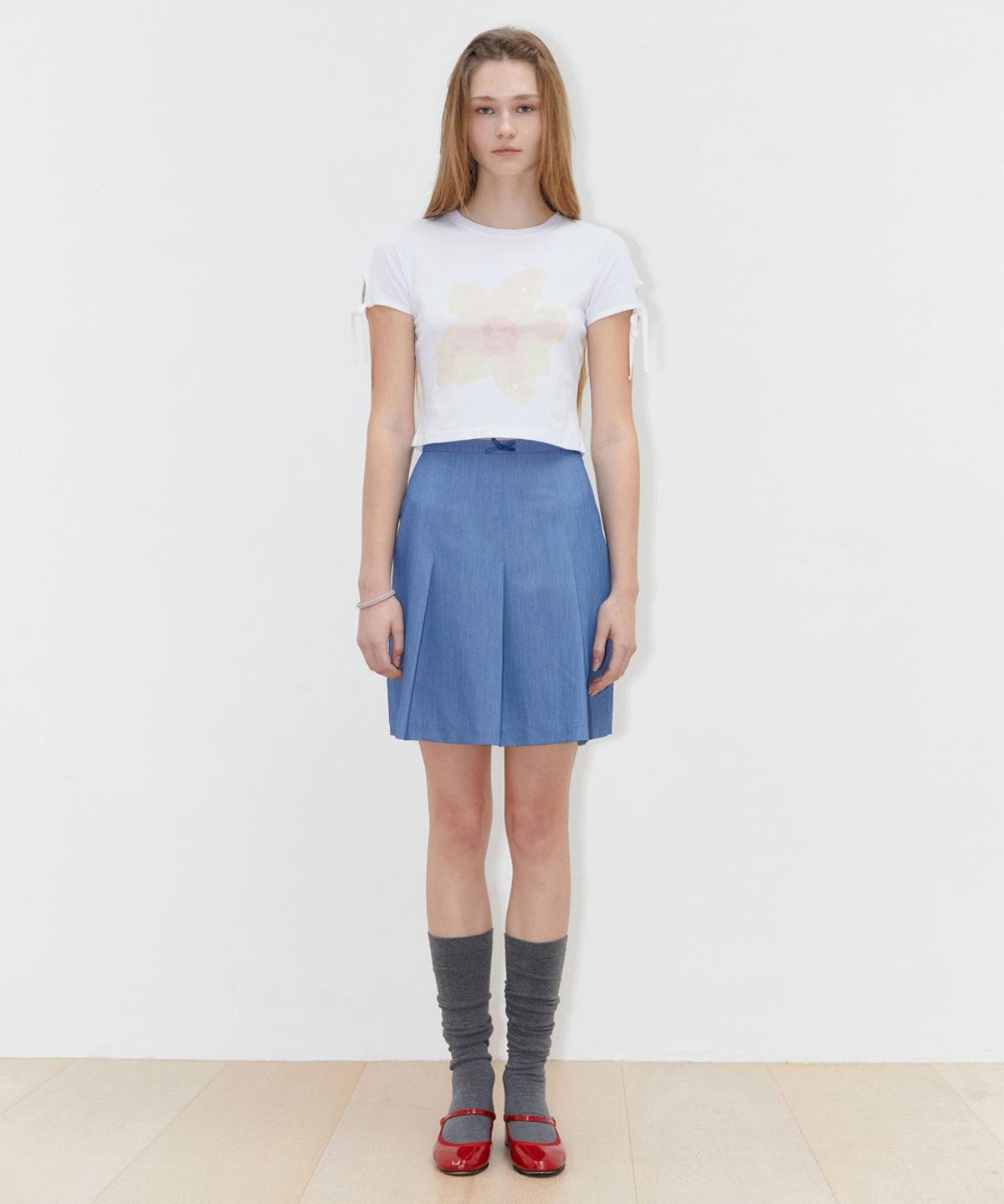 시눈(SINOON) PRINTED RIBBON SLEEVE T-SHIRT (PEACH)