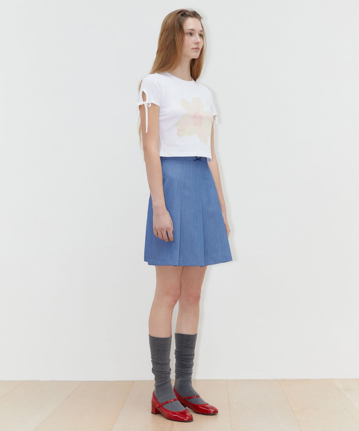 시눈(SINOON) PRINTED RIBBON SLEEVE T-SHIRT (PEACH)