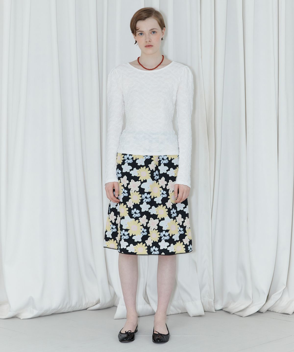 시눈(SINOON) JACQUARD PUFF SLEEVE T-SHIRT (WHITE)